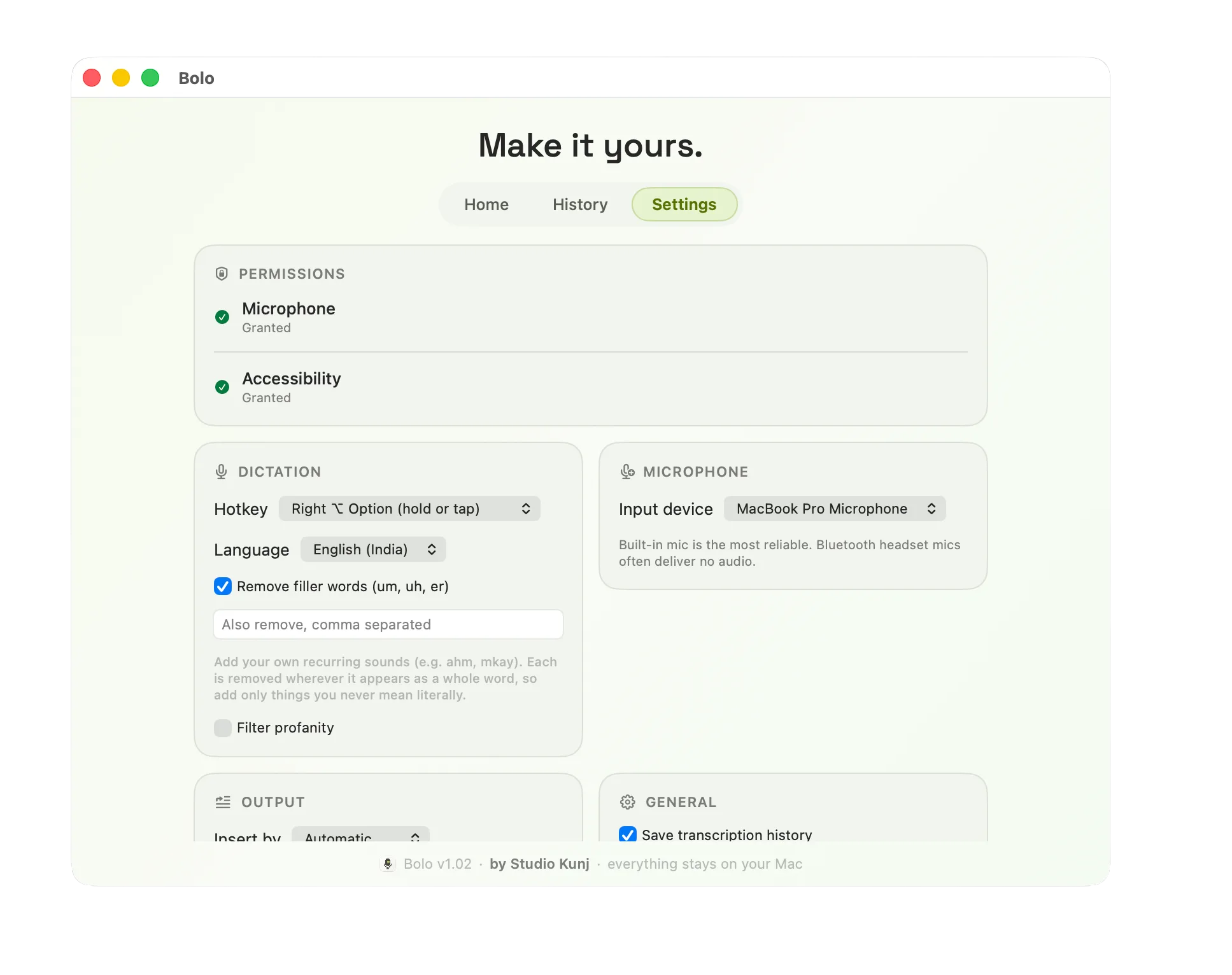 Bolo settings on a Mac: remove filler words like um and uh, add your own words to always remove, choose the Right Option hotkey, and keep history on your Mac