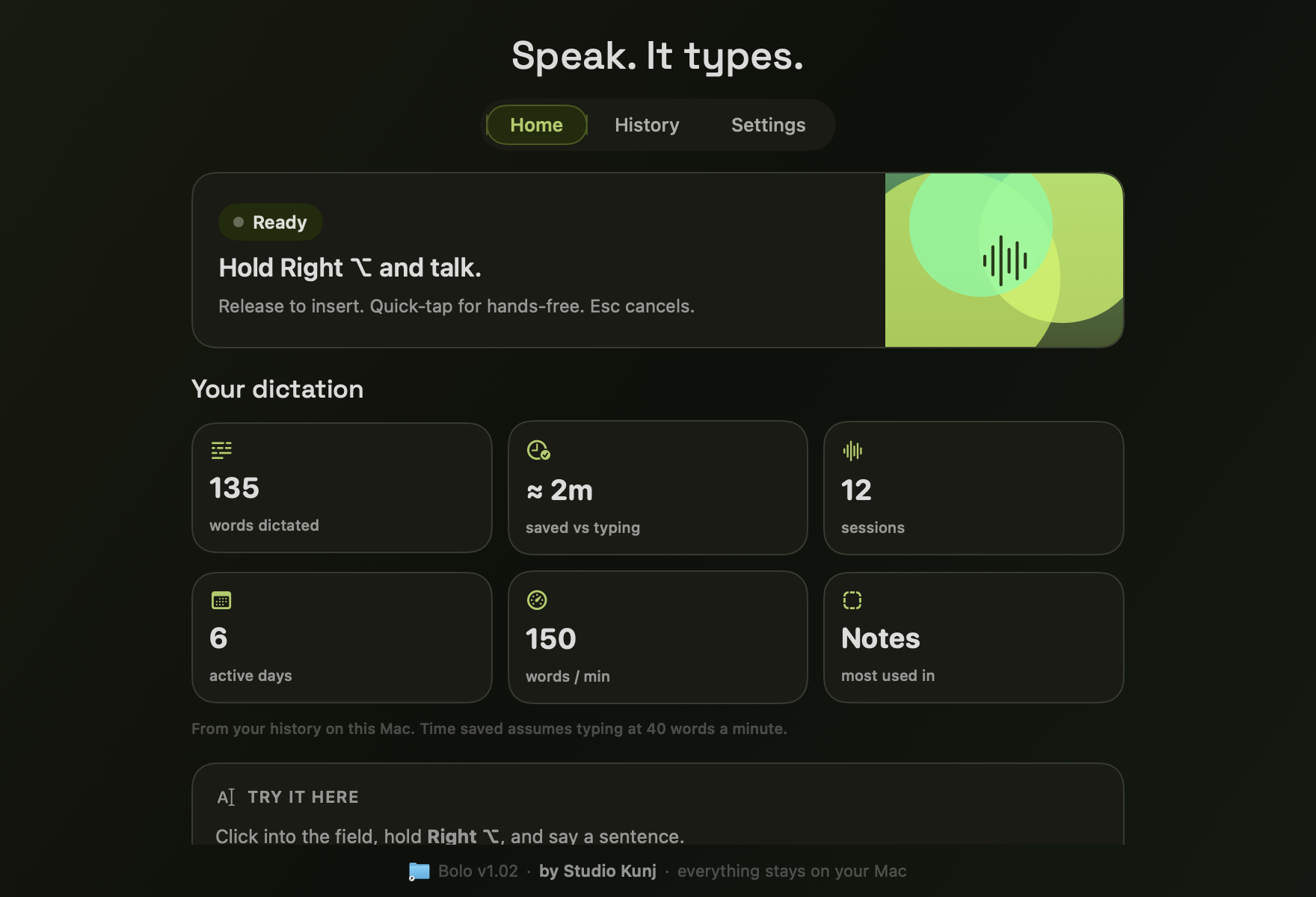 The Bolo app on a Mac in dark mode showing real dictation stats