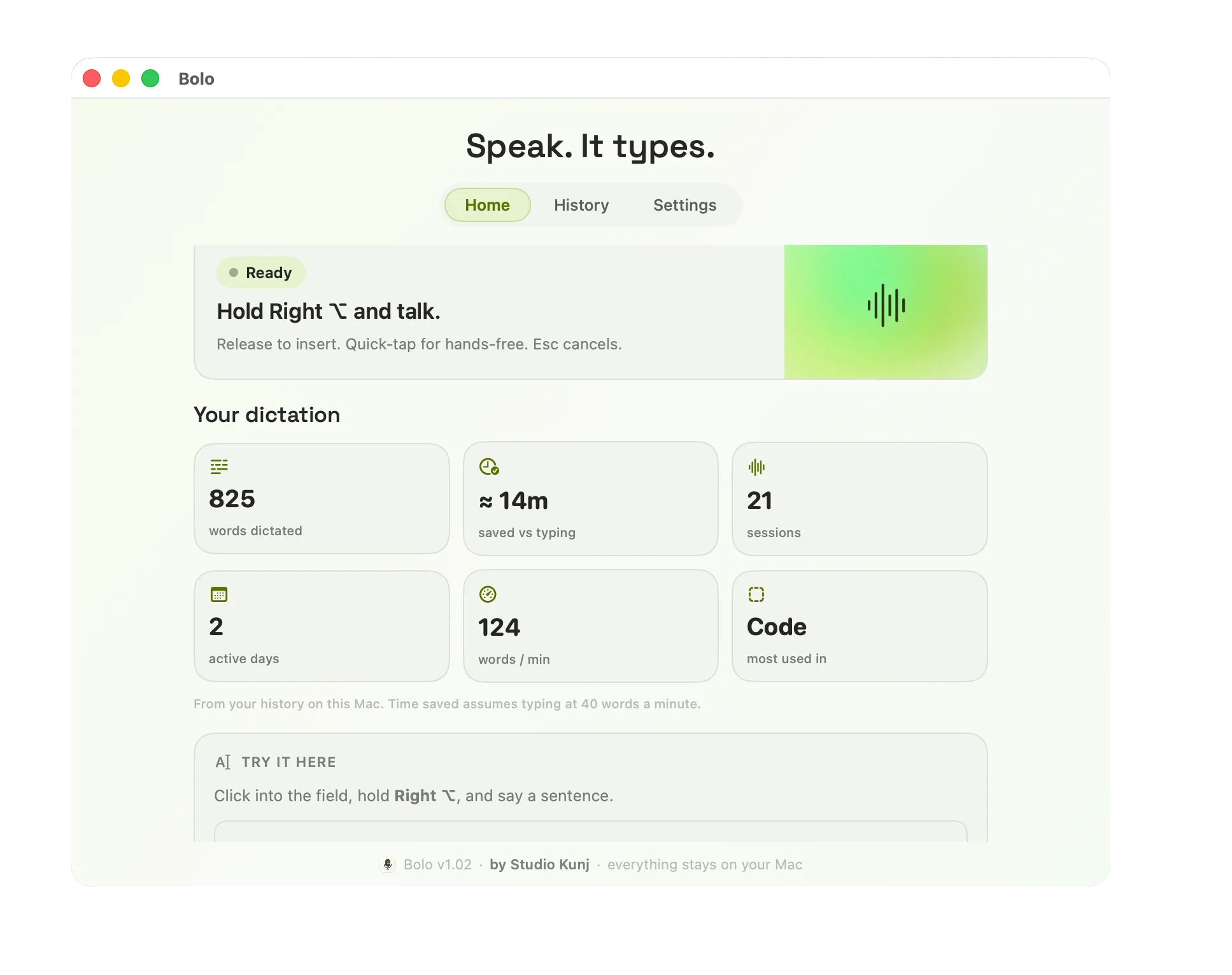 The Bolo app on a Mac: 825 words dictated, about 14 minutes saved versus typing, 124 words a minute, across 21 sessions