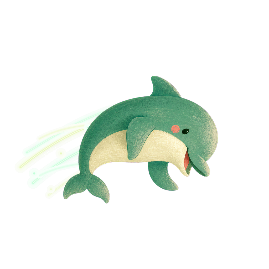 A dolphin swimming with a glowing trail of sound, carrying voice toward the screen