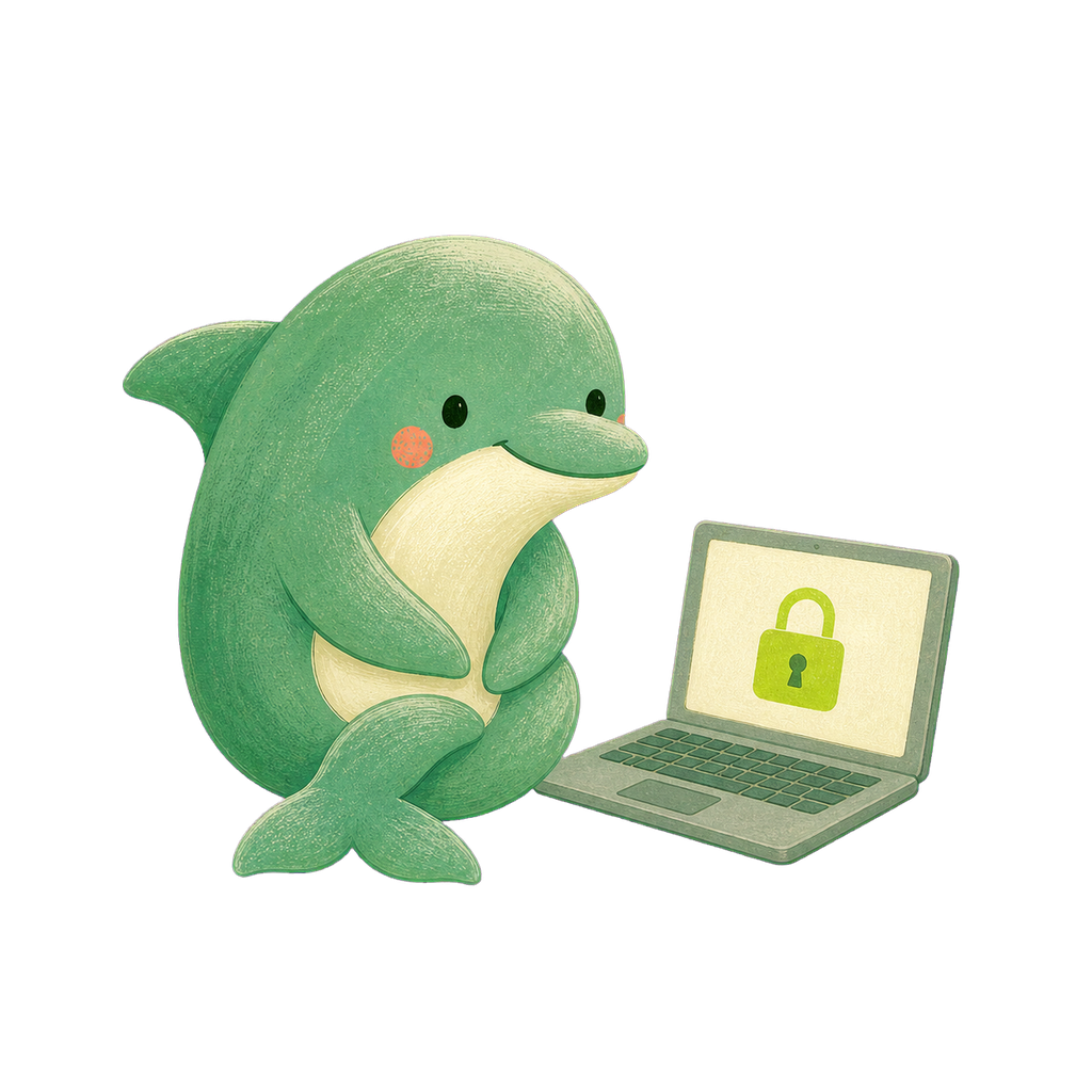 A dolphin resting beside a laptop with a closed padlock, everything staying on your Mac